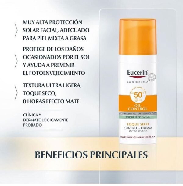 Eucerin Oil Control Sun Gel-Cream Dry Touch SPF50+,Fast-Absorbing Sunscreen with UV Filter 50ml